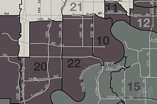Map showing Edmonton's zone divisions